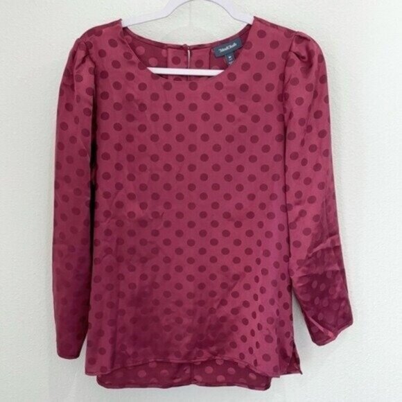 Modcloth Silky Polka Dot Blouse Burgundy Mod Boho Office Kitschy Long Sleeve - Picture 1 of 5